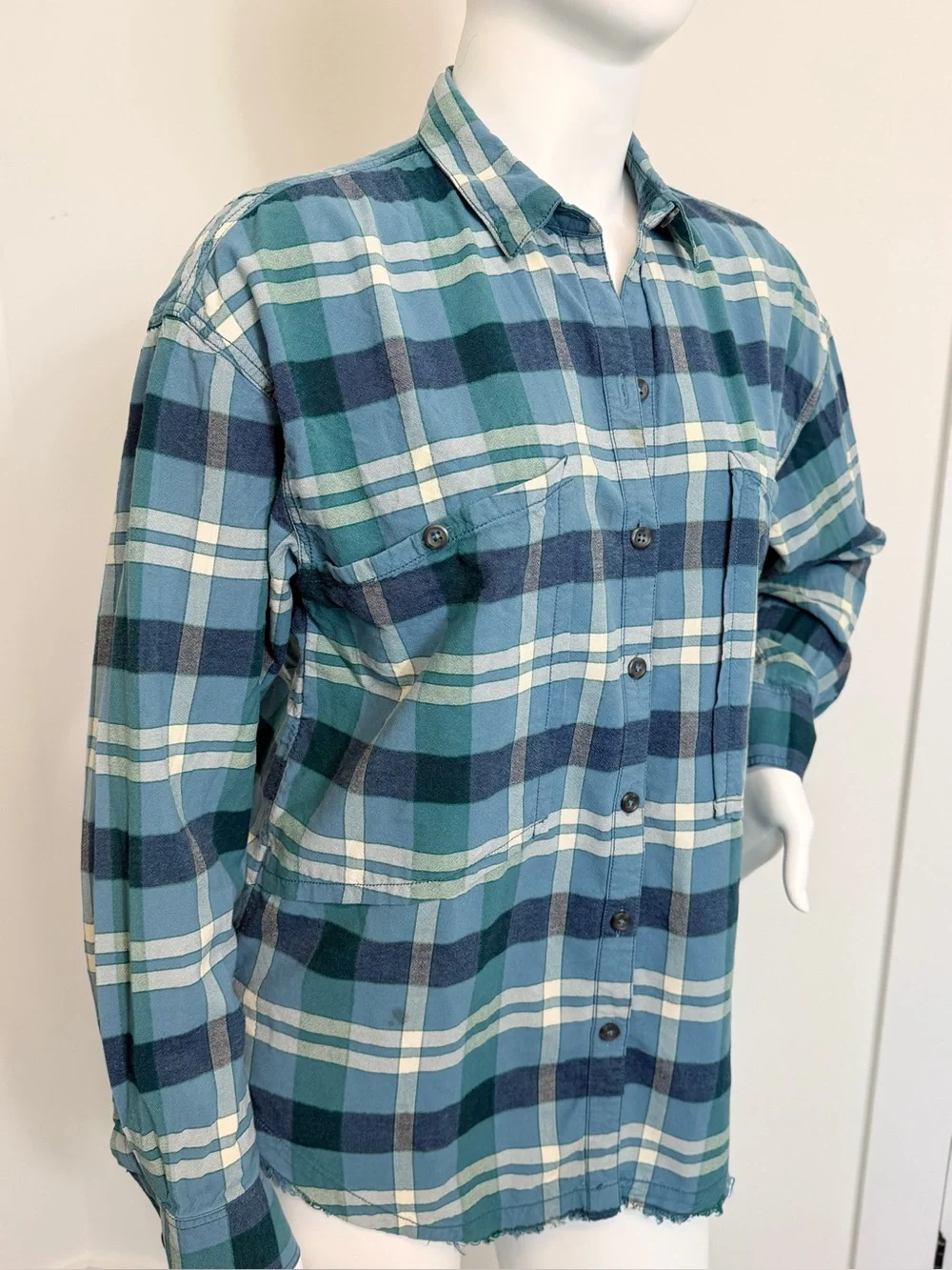 Free People Women’s Plaid Button Up Shirt L Blue Green Raw Hem Boho Rayon Cotton